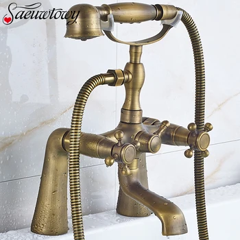 

Antique Brass Bathroom Tub Faucet Hand Shower Spray Hot&Cold Mixer Tap Set Deck Mount Phone Shape Shower Set