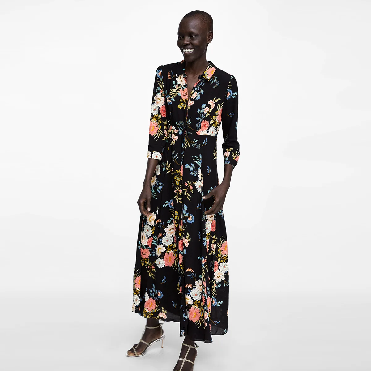

Flower Print Dress Collar Single Row Buckle Vertical A Type Long Dress 2019 Turn-down Collar Button Print Sexy Dress Women