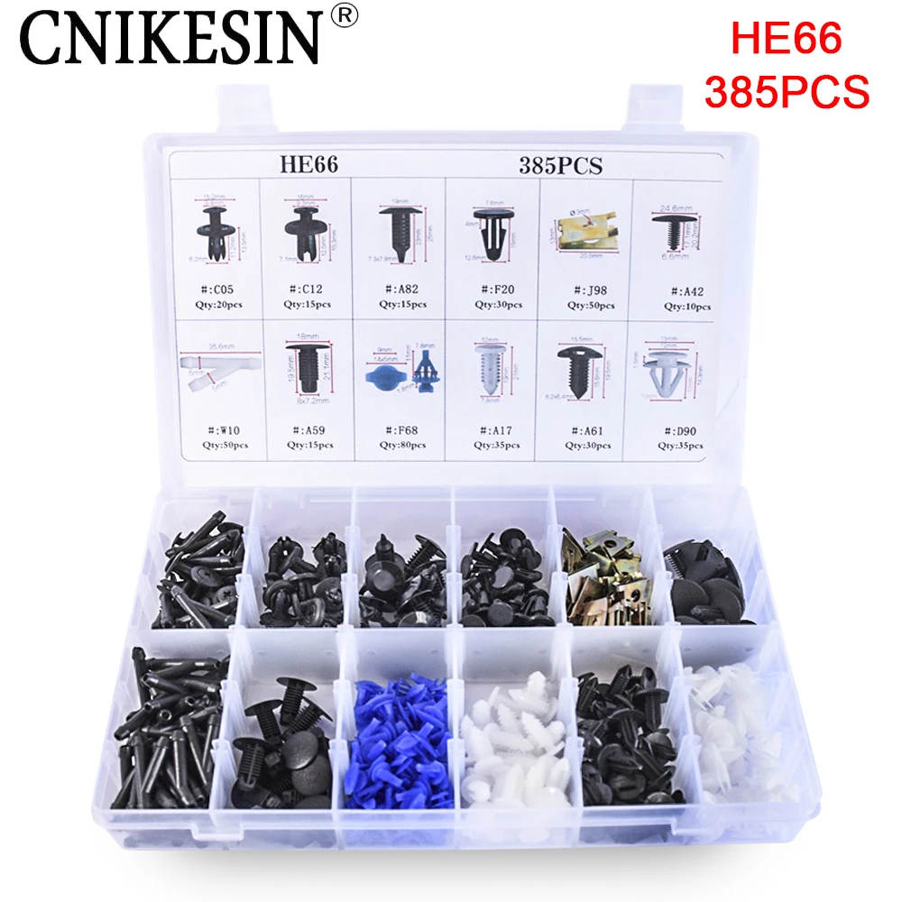 CNIKESIN HE66 385PCS Mixed Auto Plastic Fastener Car Push Type Nylon