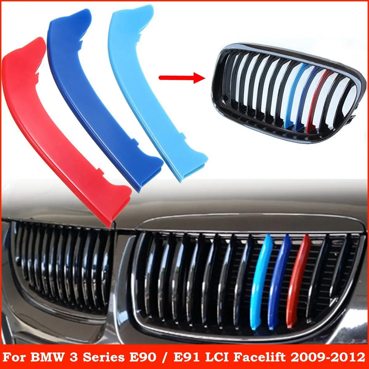 

3pcs M Color Kidney Grille Stripe Cover Decor Sticker For BMW 3 Series E90 E91 LCI 2009-2012