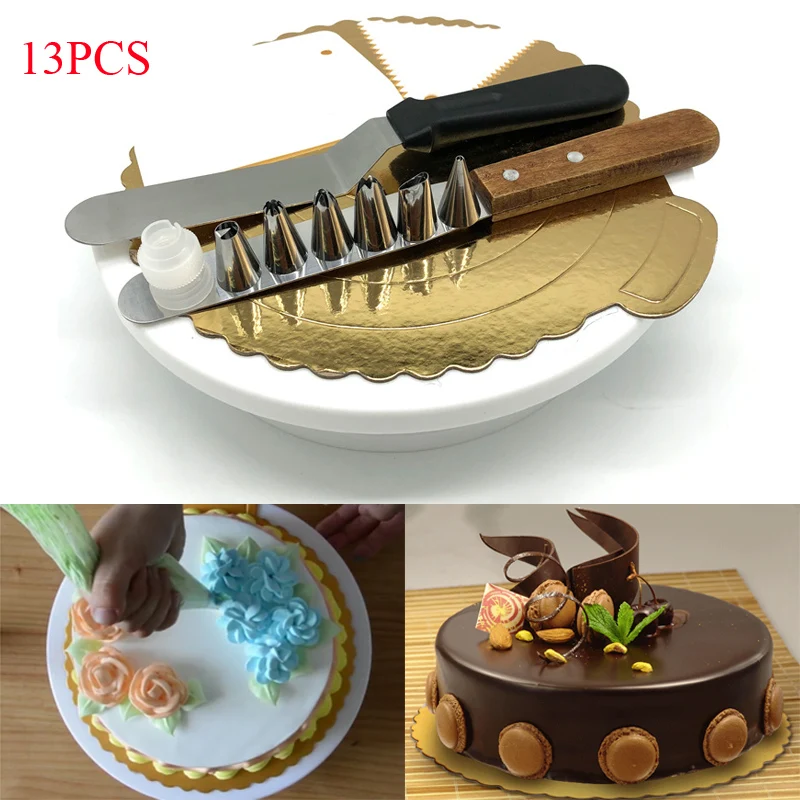 

13Pcs Plastic Cake Turntable Rotating Cake Stand Icing Piping Nozzle Fondant Cream Spatula Dessert Tray Paper Boards Cake Decor