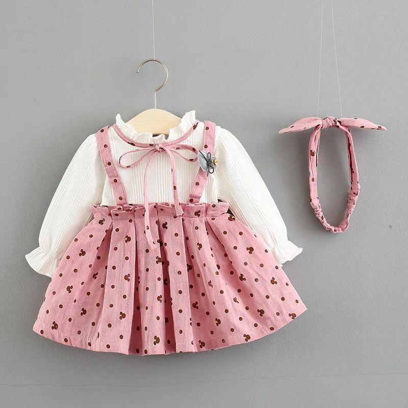 KISBINI/милое платье для маленьких девочек; осень г.; модное платье в горошек с бантом для младенцев; трикотажное платье-пуловер+ повязка на голову; детская одежда - Цвет: Розовый