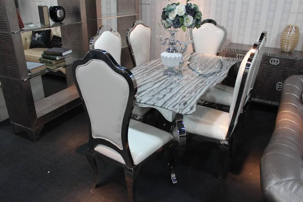 stainless steel Dinning table with dining room set with 6 chairs with marble table top and stainless leather chair stainless steel Dinning table with dining room set with 6 chairs with marble table top and stainless leather chair