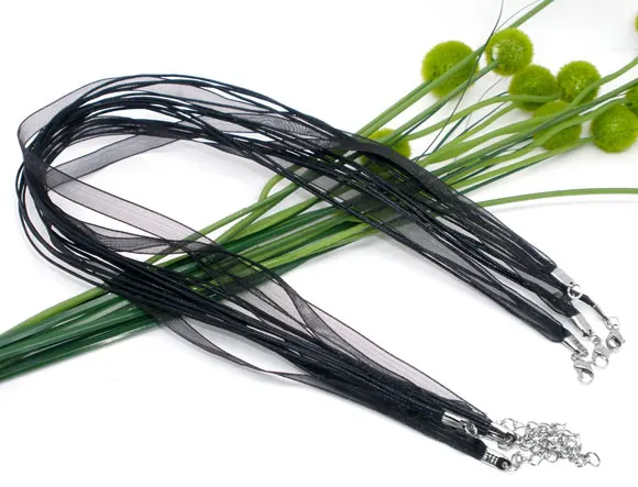 

DoreenBeads 2 Lobster Clasp Black Organza Ribbon Waxen Cord String Necklaces 17" 2017 new