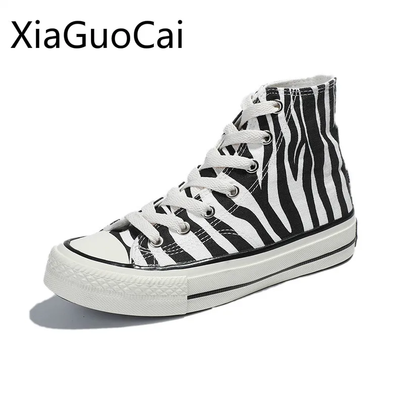 High Top Women's Canvas Shoes Zebra Pattern New Style Women's Casual Shoes High Top Female Sneakers