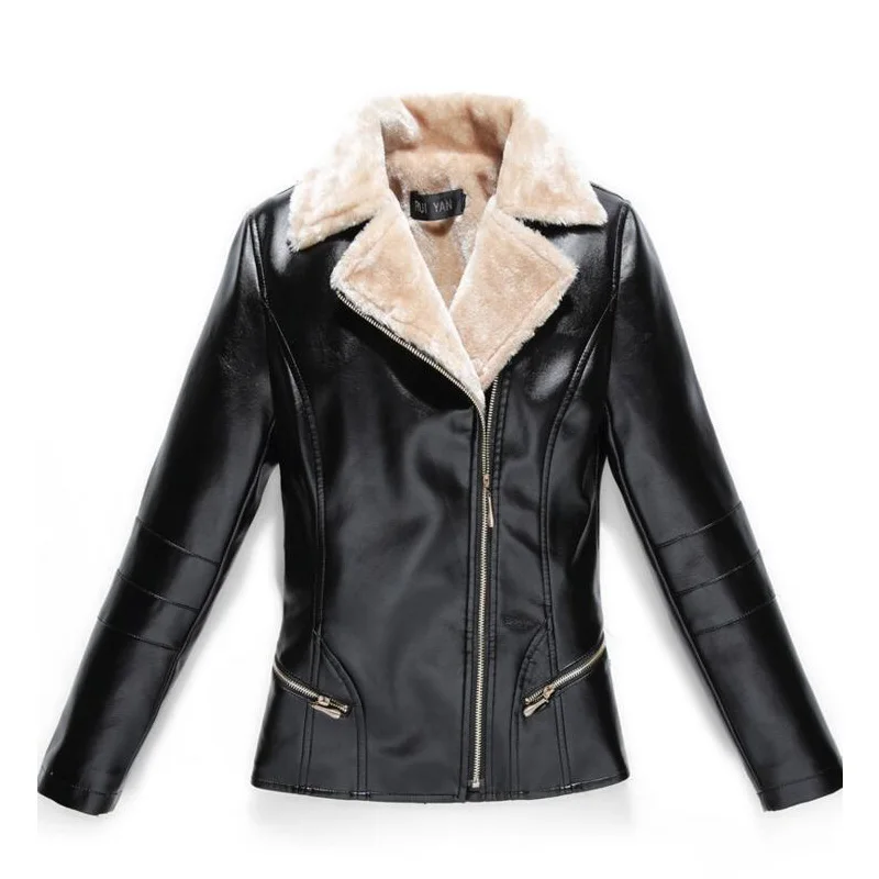 Autumn Winter Women Fleece Bomber Jacket Slim Fit Faux Leather Jacket
