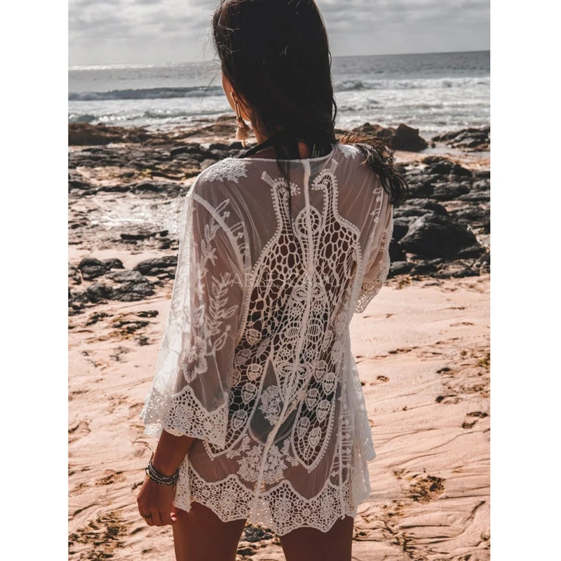 Летний женский кружевной бикини пляжный закрывающий кардиган вязанный белый кружевной полая пляжная одежда Sarong Солнцезащитная одежда купальный костюм