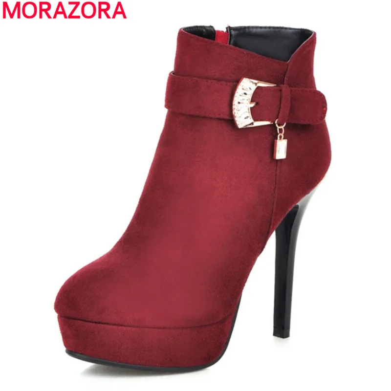 

hot sale 2017 new fashion stiletto high heels pointed toe ankle boots high quality pu nubuck leather solid buckle shoes woman