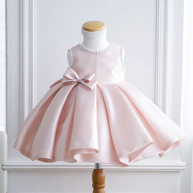 

Newborn Baby Girl Dresses Beaded Pink Lace Tulle Big Bow Baby Christening Party Gown 1 year Birthday Dress Infant Baptism Gown