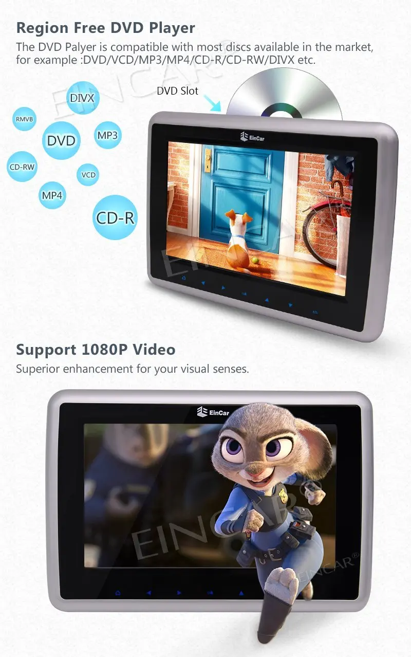 Sale Pair of 10.1" Headrests DVD Player HD 1024*600 Resolution Screen Car Monitor CD DVD 1080P Video Player USB/SD AV input/output 1