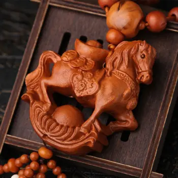 

Wealth Horse 3D Wood Carved Chinese Feng Shui Kallaite Amber Beads Car Pendant