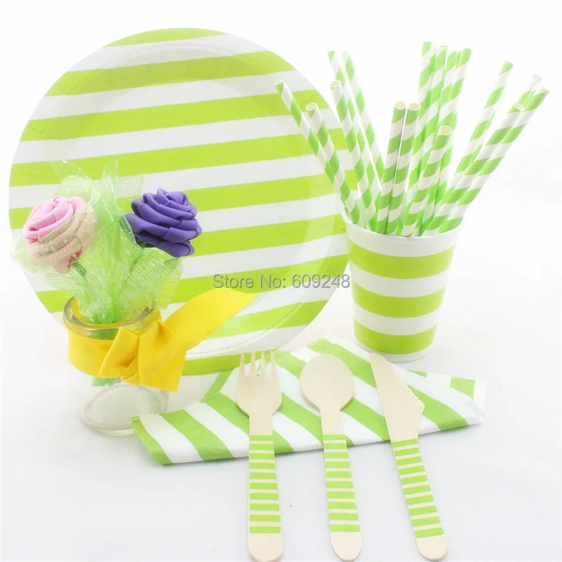 Lime Green Striped Party Tableware Set,Paper Plates,Paper Cups,Wooden