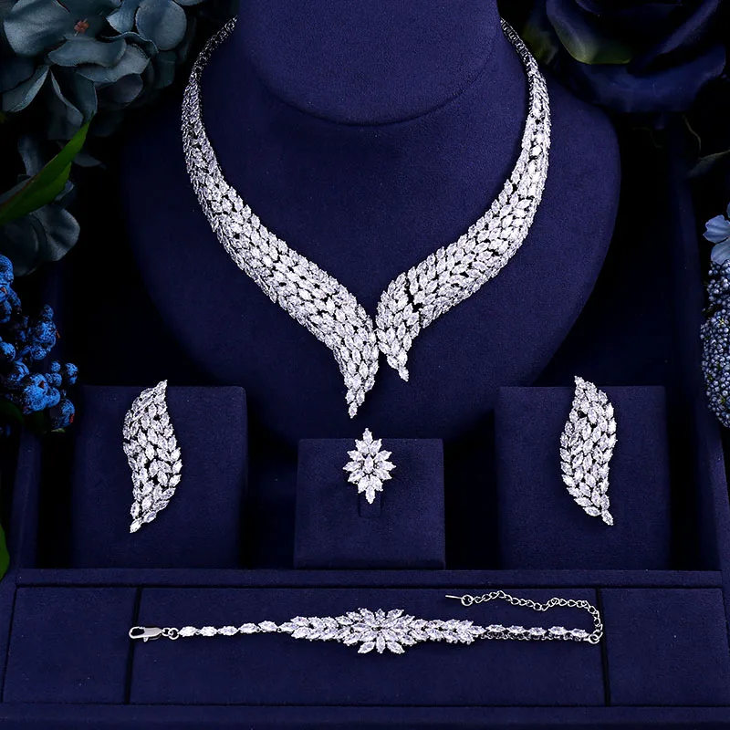 

Luxury AAA cubic zirconia heavy necklace ,drop earrings ,bracelet and ring 4pcs dubai full wedding bridal jewelry set for woman