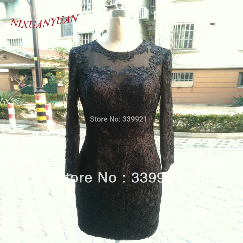 

NIXUANYUAN 2017 New Real Photo Mini Long Sleeves Cocktail Dress Lace Dress Party See Through Straight Homecoming Gowns 2017