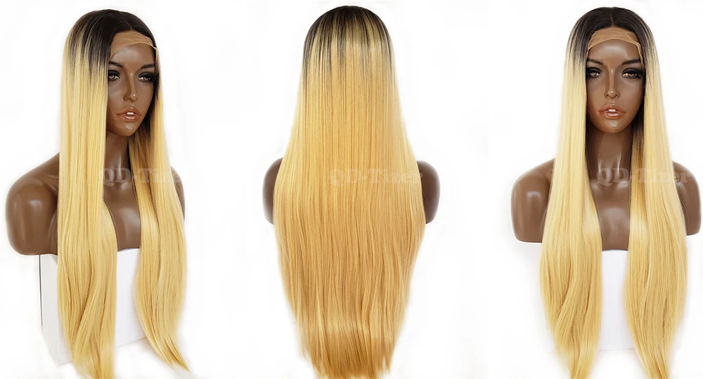 QD-Tizer BLonde Hair Wig Long Straight Synthetic Lace Front Wig Glueless Ombre Blonde Lace Front Wigs For Black Women 6