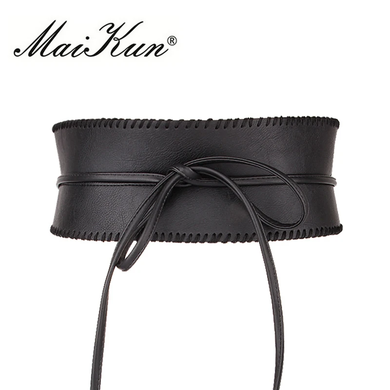 Maikun широкий ремень женский пояс модный пояс самостоятельного галстука бантом для женщин из мягкой кожи пояс в стиле Оби черный пояс для платья - Цвет: Black
