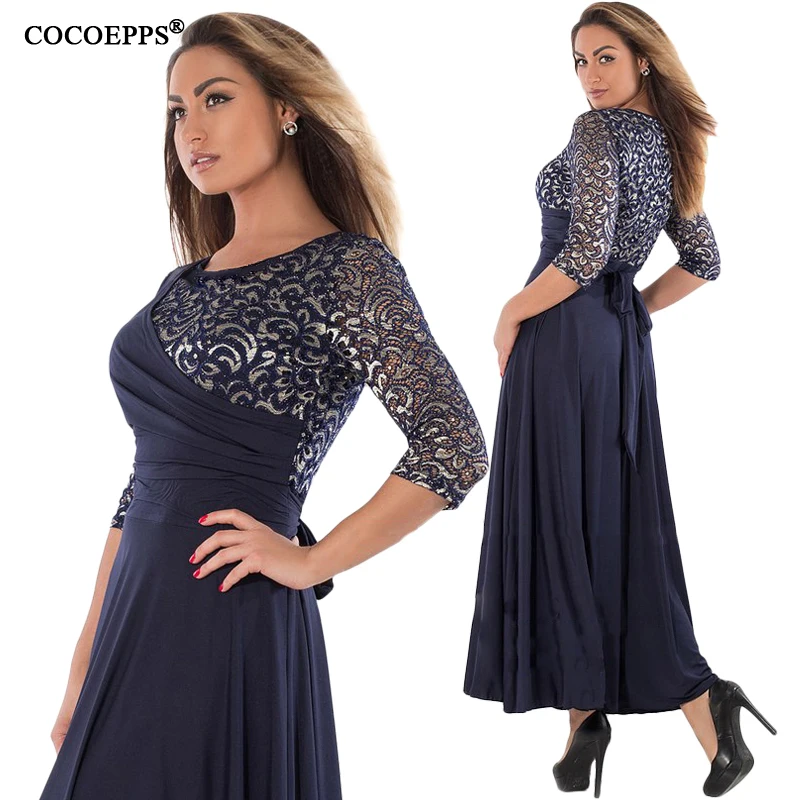 COCOEPPS, осенние женские платья размера плюс, сексуальное кружевное платье больших размеров, пэтчворк длинное платье, Черная Женская одежда 5xl 6xl vestido