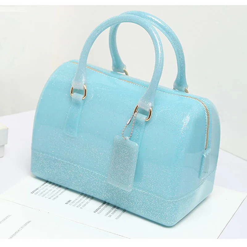 JELLYOOY, средний размер, 22 см, чистый цвет, ПВХ, Женская Желейная сумка, подушка, сумка на плечо, карамельный цвет, силиконовая сумка-тоут, пляжная сумка-мессенджер - Цвет: Glitter light blue