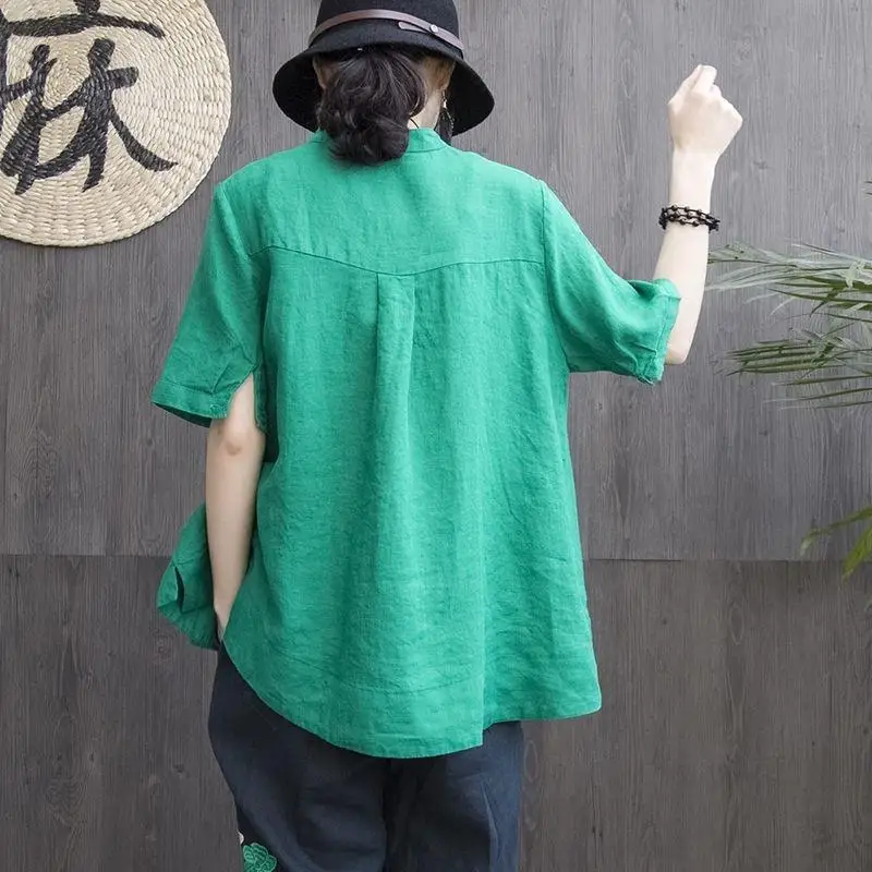 F& je, новинка, летняя Стильная женская рубашка размера плюс, короткий рукав, свободная, вышивка, хлопок, лен, блузка, большие женские топы, Femme Blusas MGZ2 - Цвет: green