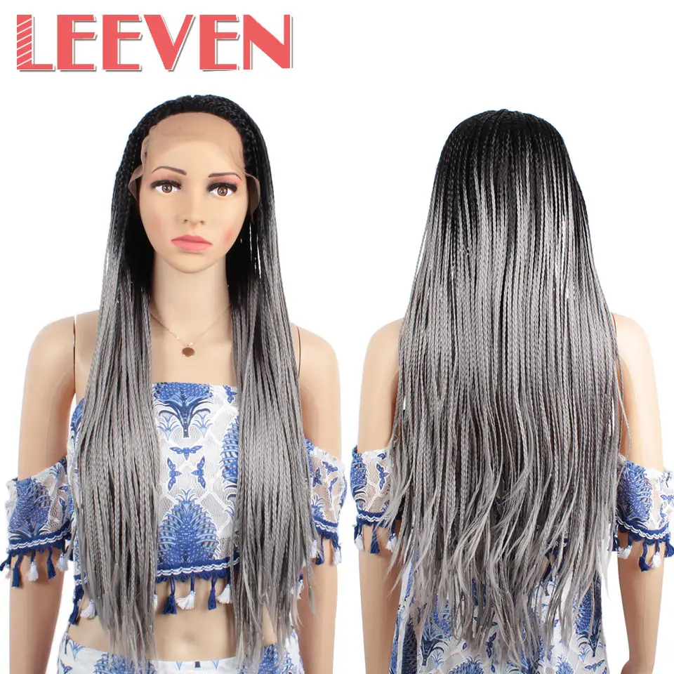 Leeven, Длинные Синтетические парики на кружеве, коробка, плетеные парики для афро-американских женщин, черные, серые, плетеные парики, термостойкие волосы - Цвет: T1B/светло-серый