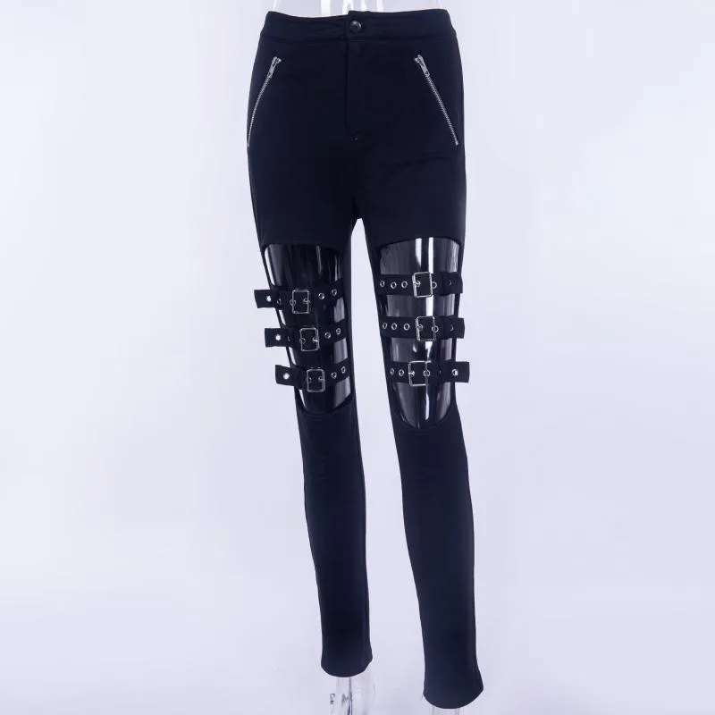 Панковские брюки женские черные брюки с высокой талией эластичные выдалбливают регулируемые пряжки карандаш брюки уличная одежда брюки Клубная одежда для ночного клуба - Цвет: Черный