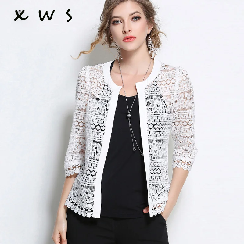 

2019 spring Summer Bolero 3/4 Sleeve Shawl Women Thin Lace Open Stitch Coat Sexy White Casual Jacket Cheap Vestidos Top