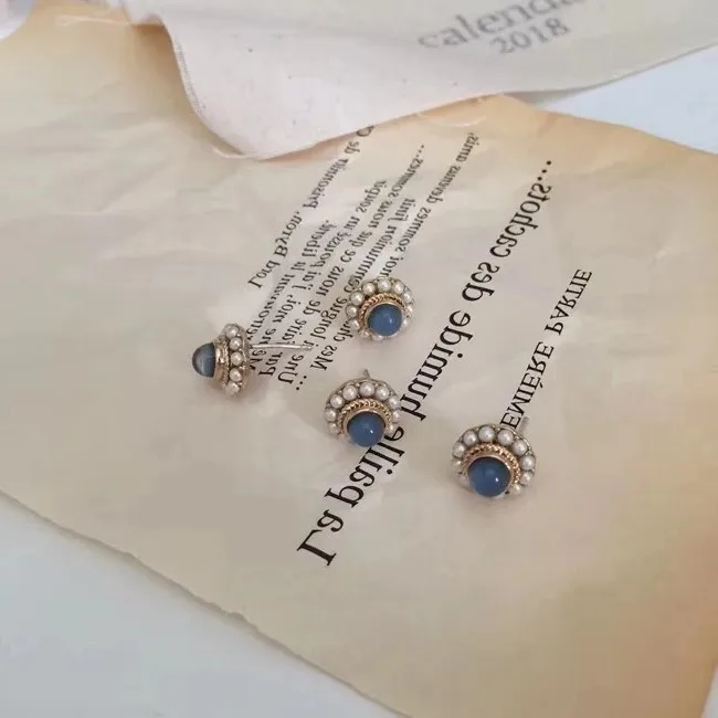 Антиаллергенные серьги из серебра S925 пробы, Элегантный французский модный светильник с синим жемчугом, женские серьги с маленькими золотыми жемчужинами