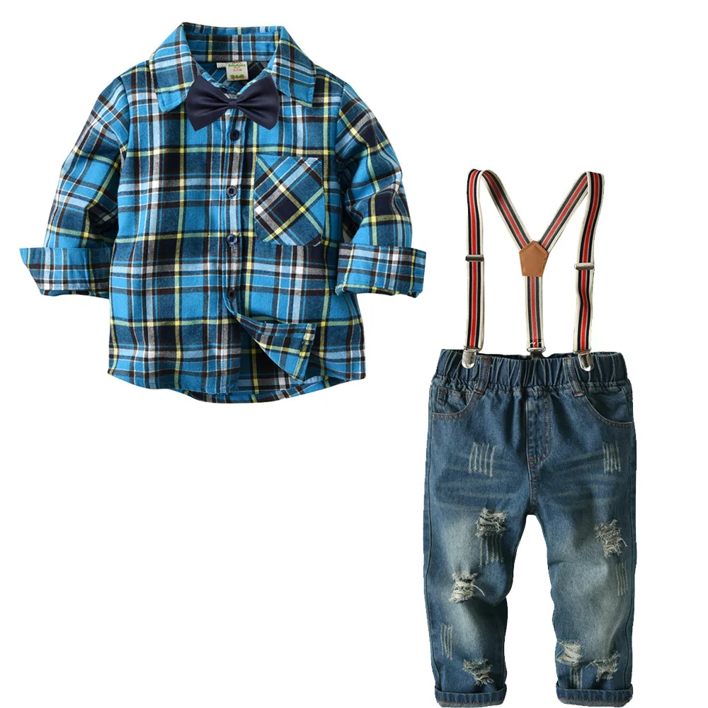 

Spring and Autumn 2018 Cross-Border Children's Suit Boys Chequered Long Sleeve Shirt Jeans and Trousers 2 Kits