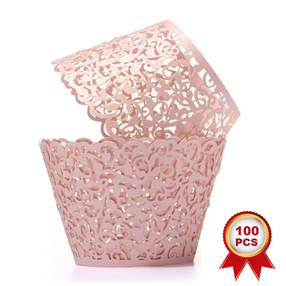 

METABLE 100pcs Cupcake Wrappers Artistic Bake Cake Paper Cups Little Vine Lace Laser Cut Liner Baking Cup Muffin Case Trays,Pink