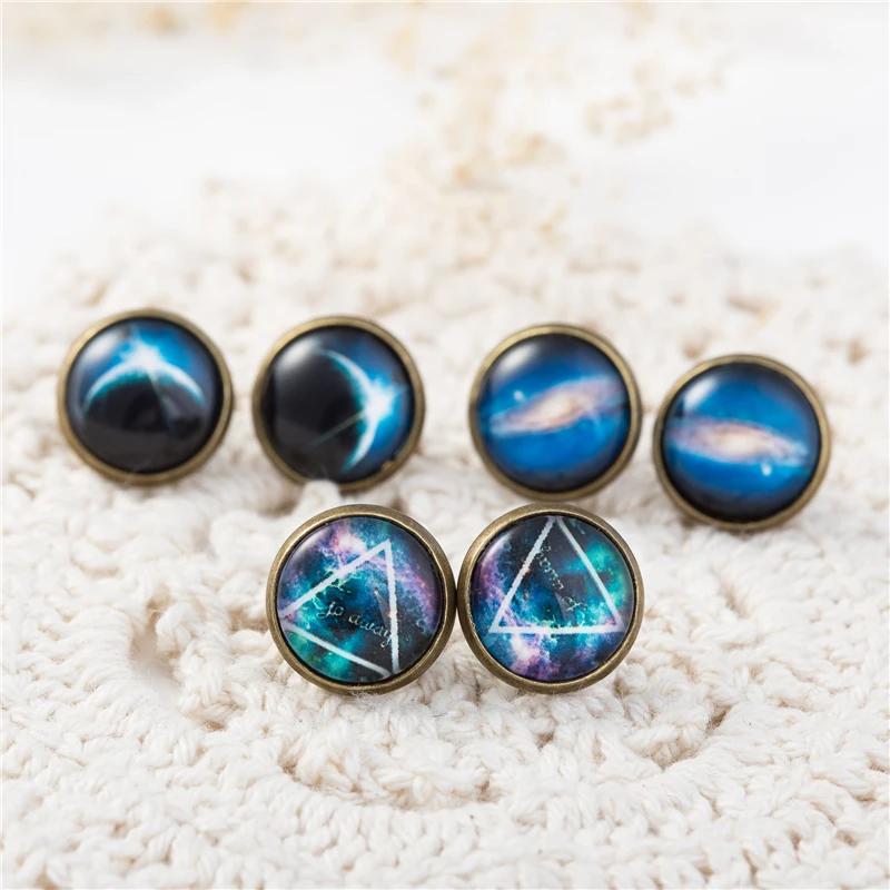 Серьги-гвоздики Galaxy с космическим стеклом Купольные Кабошоны Винтажные серьги