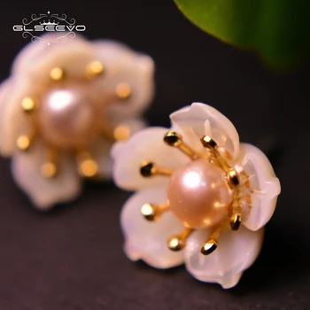 

GLSEEVO Real 925 Sterling Silver Stud Earrings For Women Natural Freshwater Pearl Shell Flower Piercing Earrings Handmade GE0002