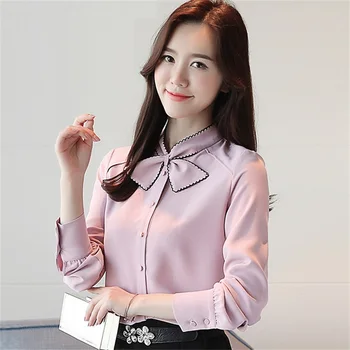 

Fashion long sleeve women slim shirt white pink solid color elegant Bow Casual chiffon blouse office ladies formal plus size top