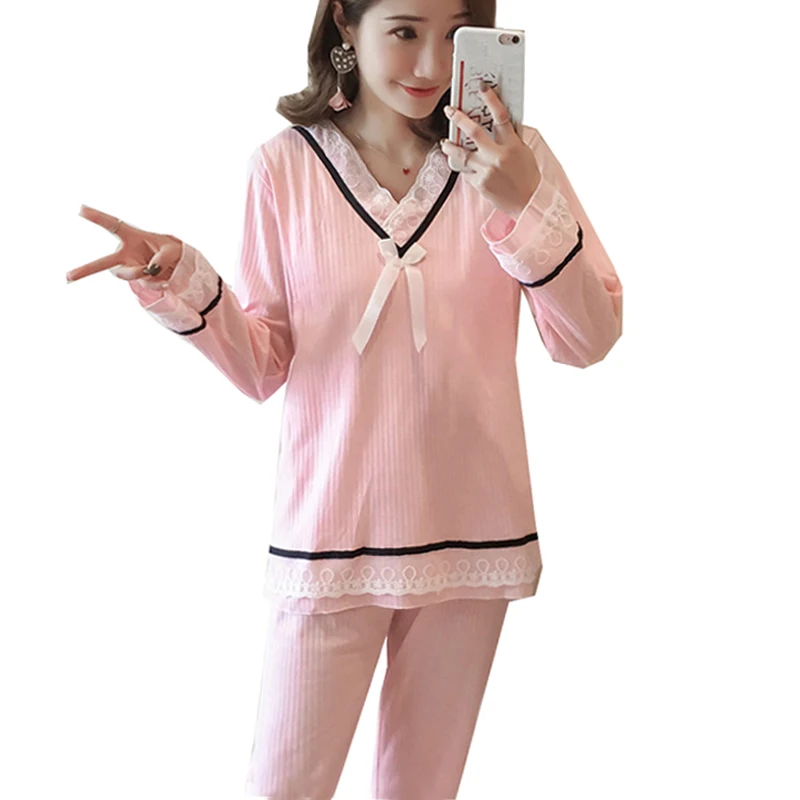 

Cotton Nursing Pajamas Set Breastfeeding Top Pullover+Pregnancy Pants Sleepwear for Pregnant Women Spring Lace Lounge Home Wear