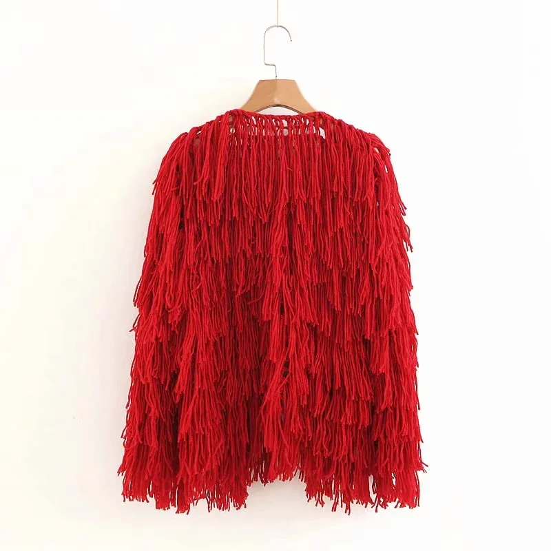 Nouvelle Glands Tricoté Rouge Livraison Style 2019 Femmes Gratuite Court Américaine jaune Arrivée Cardigan V Cou Creux Européenne Et v0wmN8n