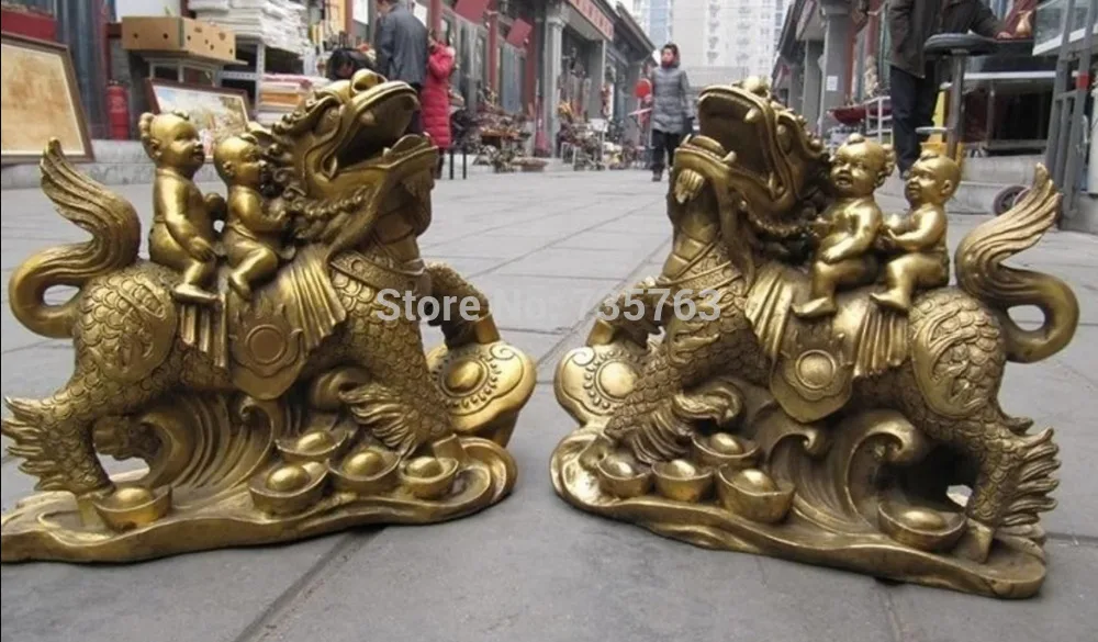 

00888 Details about China Brass Copper Feng Shui Two Child Boy Ride on Kirin kylin Fo
