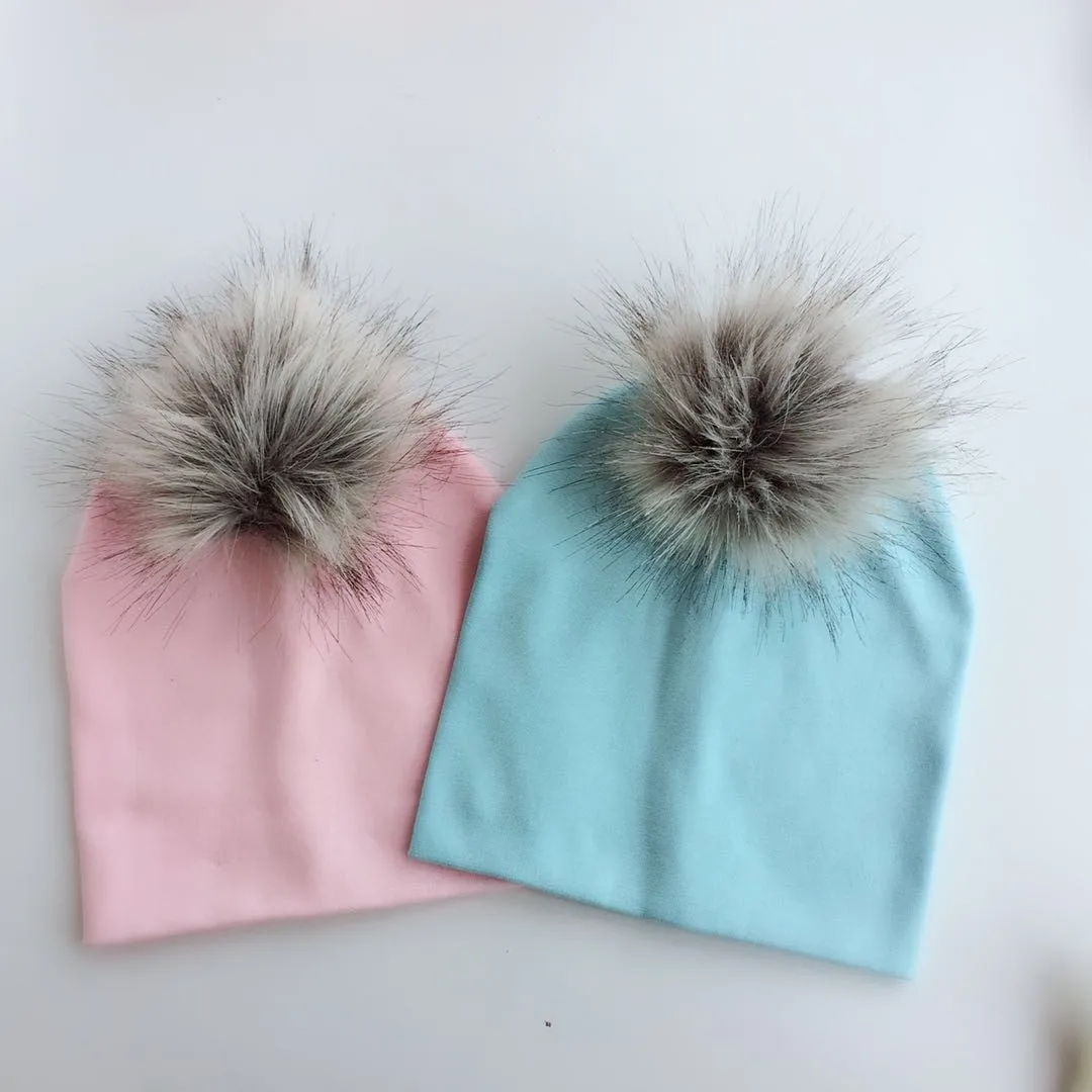 

children's infant fashion spring autumn baby colorful raccoon Faux Fur pom pom fur hat cap beanie for girls and boy kids newborn