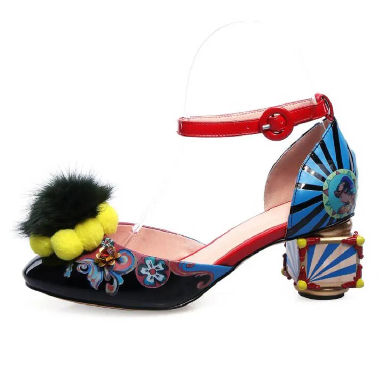 Women Sandals Fashion Print Strange Heel Pumps Fur Ball Metal Decoration 2018 Summer Ladies Dress Party High Heels Shoes Woman (6)