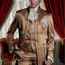 Классический итальянский стиль утренний роскошный костюм 3 шт. коричневый атлас мужские свадебные костюмы для выпускного вечера вышивка пиджак в стиле барокко смокинг жениха