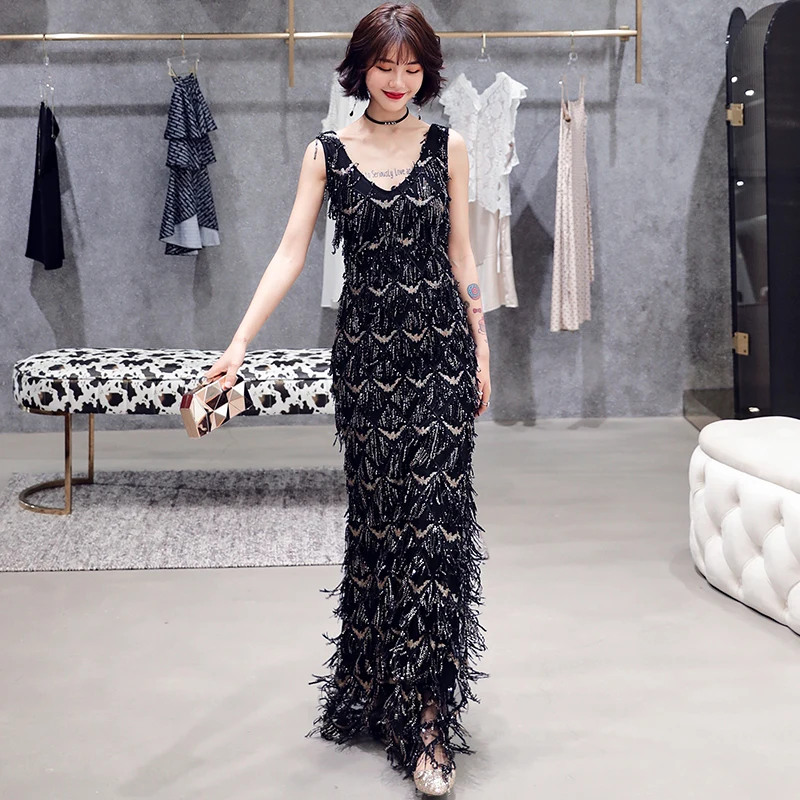 wei yin Black Tassel Evening Dresses Long Mermaid V-Neck Formal Dress Sequined Abendkleider Women robe de soiree longue WY1690 wei yin Black Tassel Evening Dresses Long Mermaid V-Neck Formal Dress Sequined Abendkleider Women robe de soiree longue WY1690