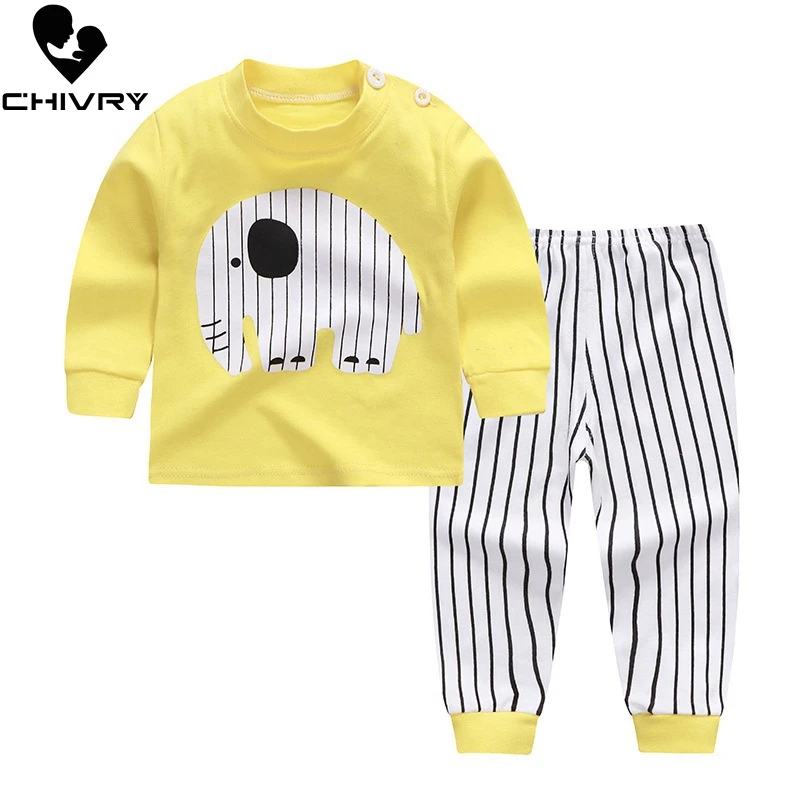 Chivry/ хлопковые детские пижамные комплекты для мальчиков Милая футболка с длинными рукавами, круглым вырезом и рисунком топы и штаны детская одежда для маленьких девочек