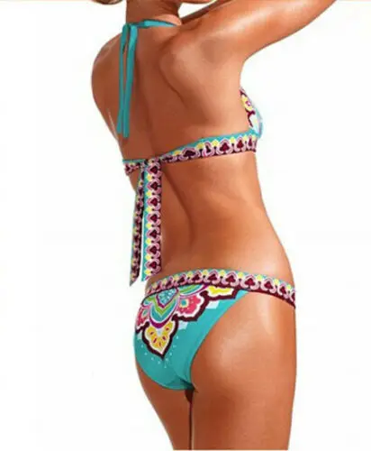 Women Print Bandage Halter Triangle Swimsuit Padded Beachwear Swimwear Bikini Set 3