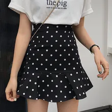 Мода Труба в горошек Для женщин юбки Chic тонкий Уайлд Высокая талия модные с фасонным подолом юбка листьев лотоса слово волновой точки женские юбки