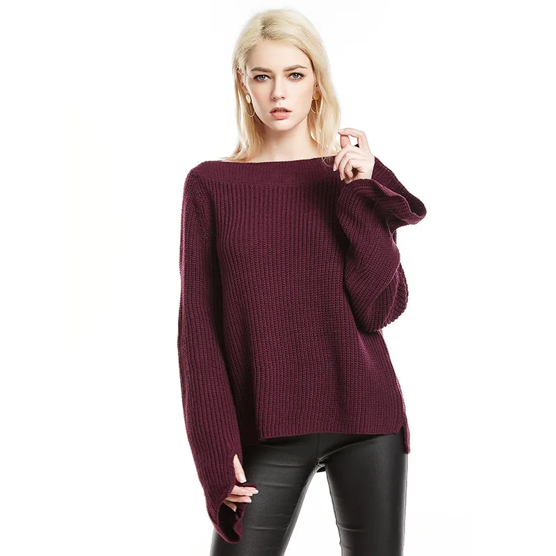 Spring Girl Knitted One Word Collar Trumpet Sleeve Pullover Individual New Large Size Solid Color Women Loose Sweater