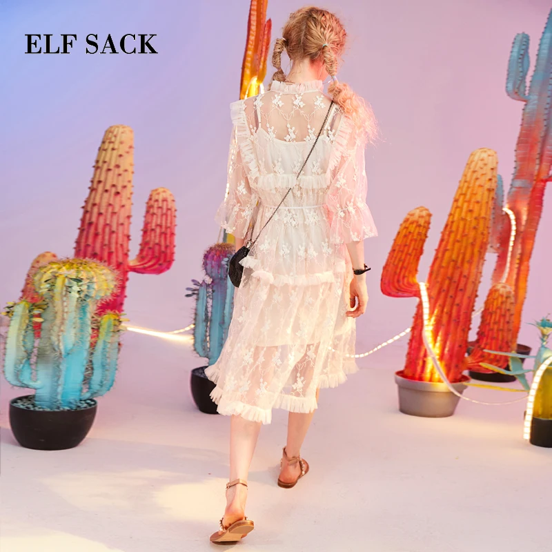 ELFSACK Summer New Bow Woman Dress Solid Lace Women Dresses Stylish Ruffles A-Line Ladies Dresses Sweet Girl's Clothing