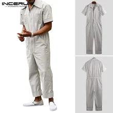 INCERUN, модные мужские комбинезоны, комбинезоны с карманами, однотонные штаны с эластичной резинкой на талии, уличная одежда с коротким рукавом, повседневные мужские комбинезоны карго