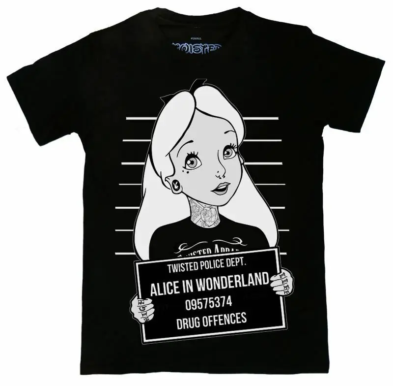 

Twisted Punk Alice In Wonderland Mugshot T Shirt top gothic emo tattoo Men Women Unisex Fashion tshirt Free Shipping