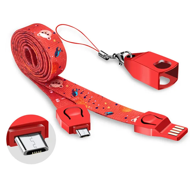 Antirr мобильный телефон ремешок на шею ремешок USB кабель для iPhone X 7 8 Plus 6 6S 5 type C Micro USB Мобильный телефон Мультяшные шнурки - Цвет: red for andriod