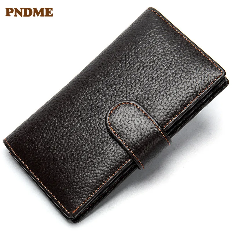 

PNDME long genuine leather men's wallet vintage first layer cowhide hasp coin purse designer luxury credit business cards purse