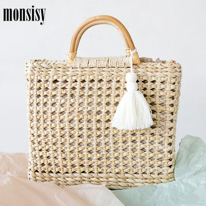

Monsisy New Beach Bags For Women 2019 Straw Bag Tassel Handbag Vacation Handmade Woven Rattan Shoulder Bag Travel bolsa feminina