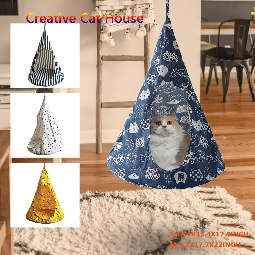Коническое креативное кошачье декоративное гнездо-гамак, подвесная кровать, палатка в форме конуса, дышащая льняная губчатая палатка, подвесная клетка, покрывало для домашних животных